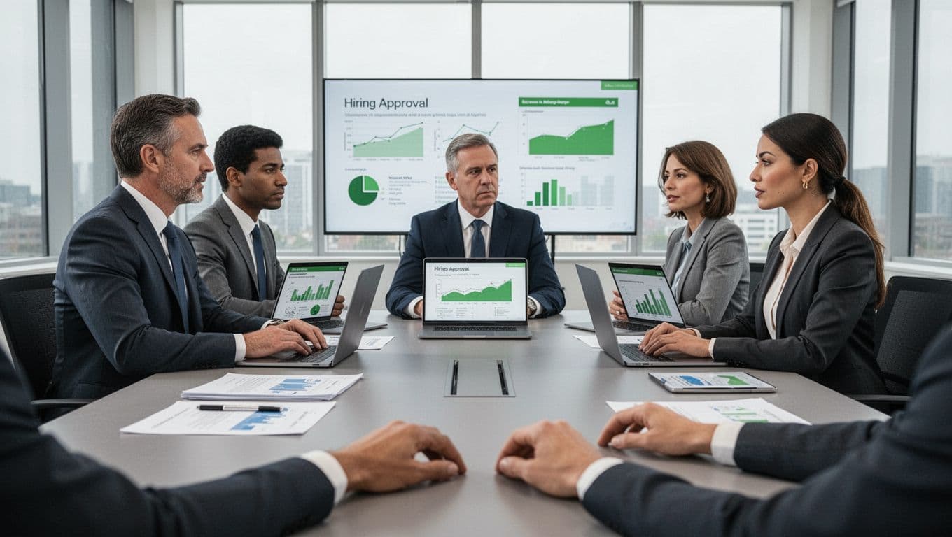 Professional team of one security leader, one finance exec, and one HR rep discussing hiring approvals in a modern conference room with laptops and charts, relaxed poses in clean illustrative style.