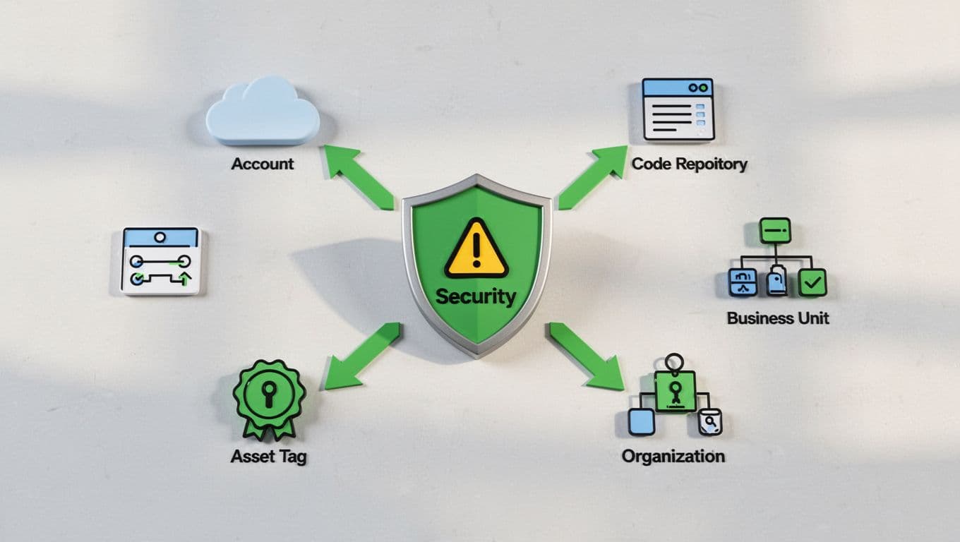 Central shield alert icon branches via green arrows to simple icons for cloud account, code repository, asset tag, and business unit on light background.