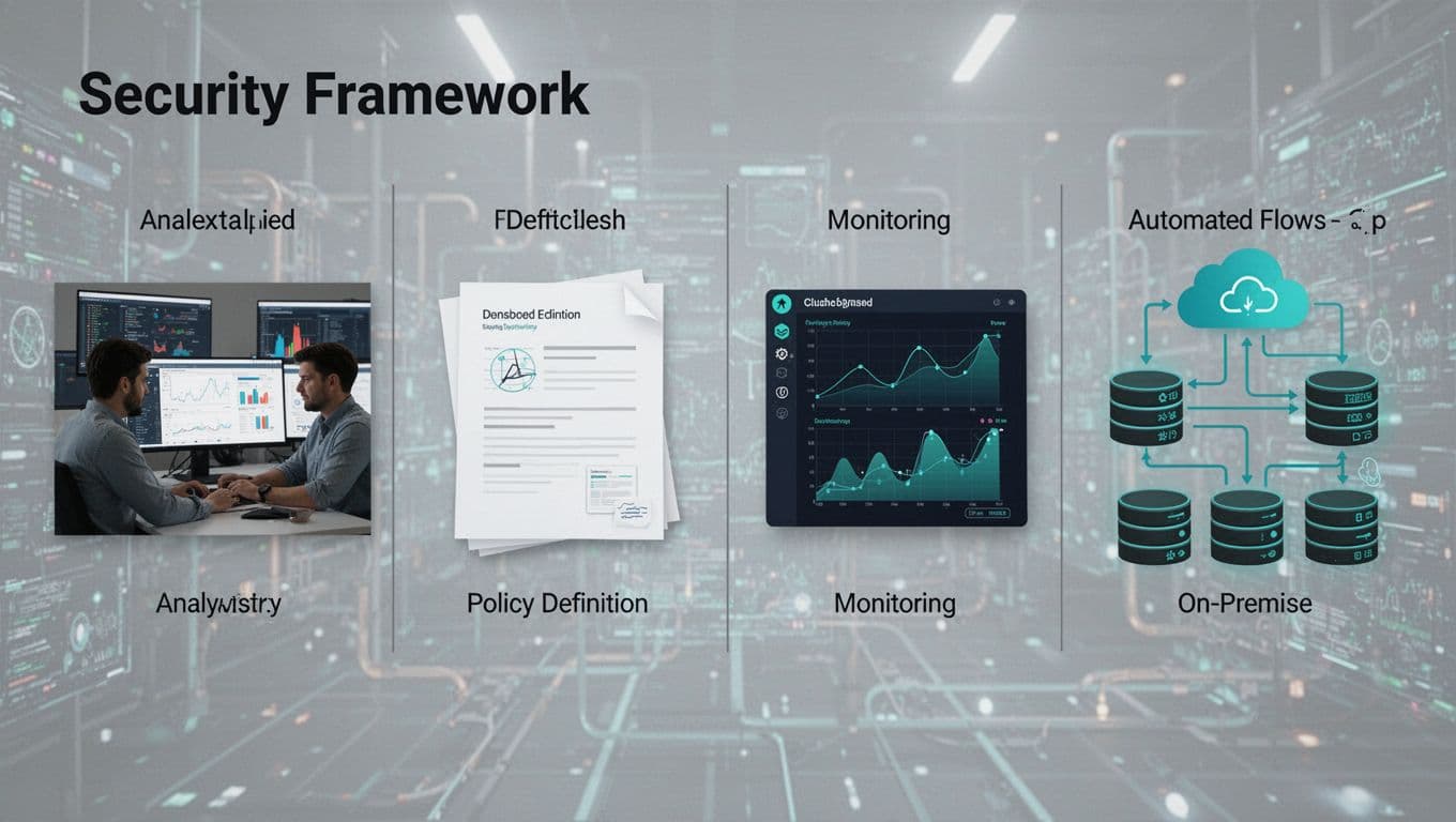 Horizontal icons show four steps: assessment, policy definition, monitoring dashboard, and automation flows in hybrid setup with green checkmarks.