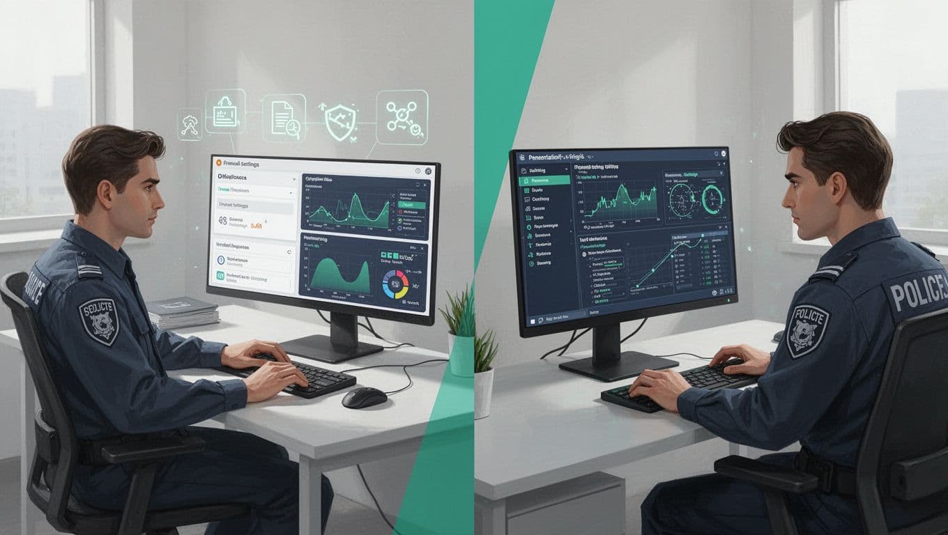 Modern illustration contrasting a multitasking security generalist managing firewall, compliance, threat monitoring, and incident response on the left with a focused penetration testing specialist on the right.