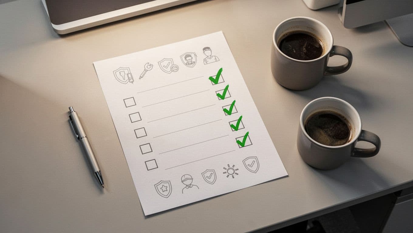 A clean checklist document on a modern office desk featuring icons for security access, passwords, shared drives, and project files, next to a pen and coffee mug. Top-down illustration style with clean shapes, neutral tones, green checkmarks, and soft overhead lighting.