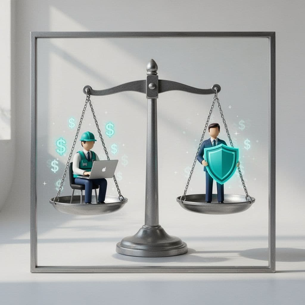 Balanced scale with full-time engineer icon and dollar signs on left, vCISO consultant icon and shield on right.
