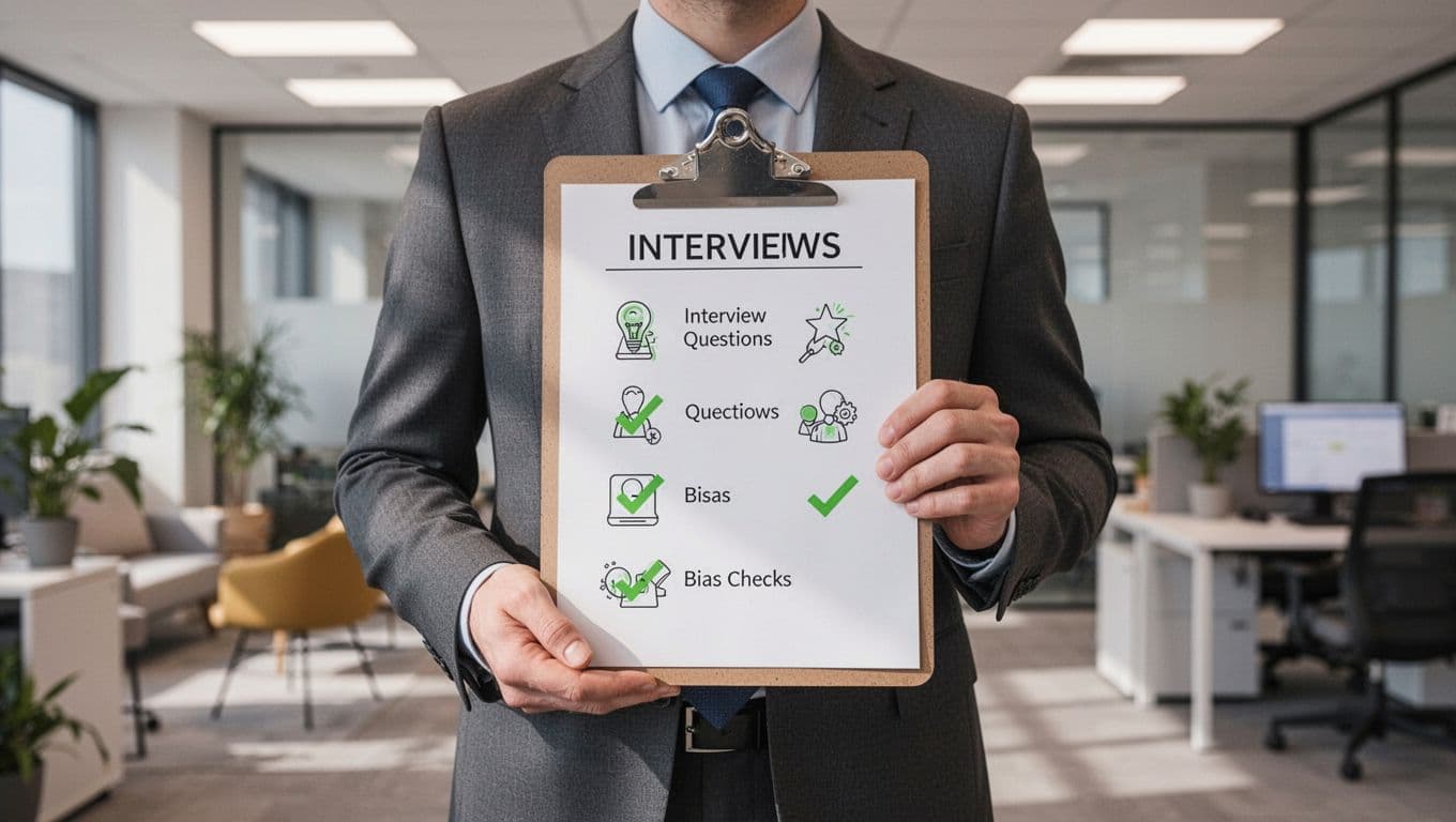 Modern illustration of a professional in an office holding a clipboard with a hiring checklist marked by green checkmarks for interview questions and bias checks, centered composition with clean shapes and soft lighting.