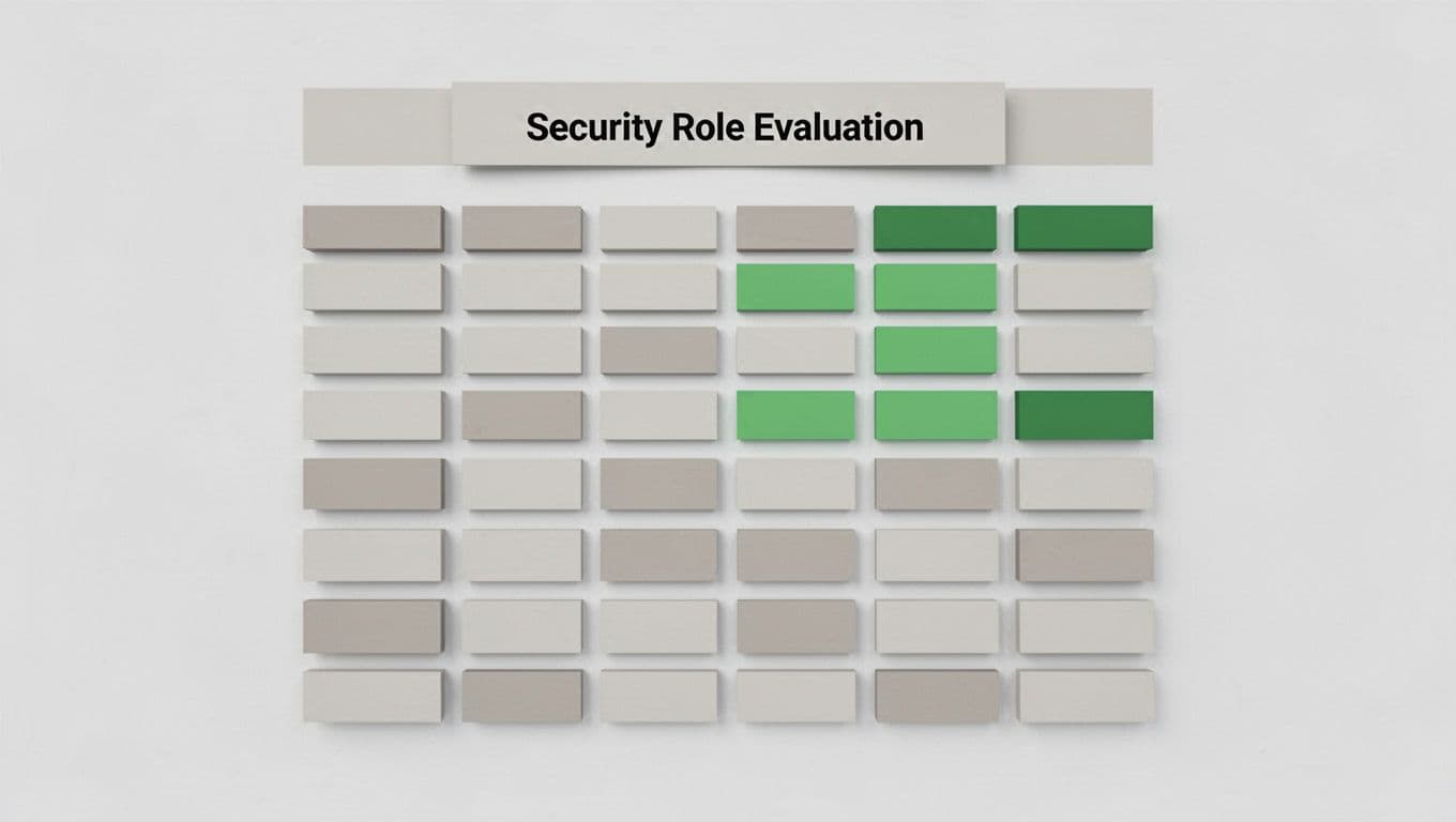 Grid with rows for criteria like technical depth and risk judgment, columns for yes/no/lean scores, green yes indicators.
