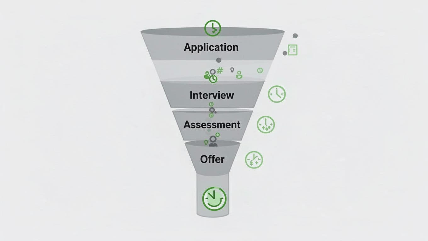 Modern illustration of a hiring funnel for security roles, showing candidate drop-offs from application to offer stages, with metrics icons like clocks for time and thumbs up for feedback. Clean shapes and controlled colors with green accents on metrics.