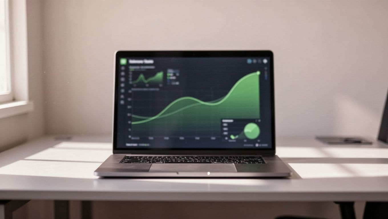 Modern illustration of a laptop on an office desk showing a blurred dashboard with key hiring KPIs for security roles, including approval turnaround time and interview-to-offer velocity, charts with green accents and positive trend lines.