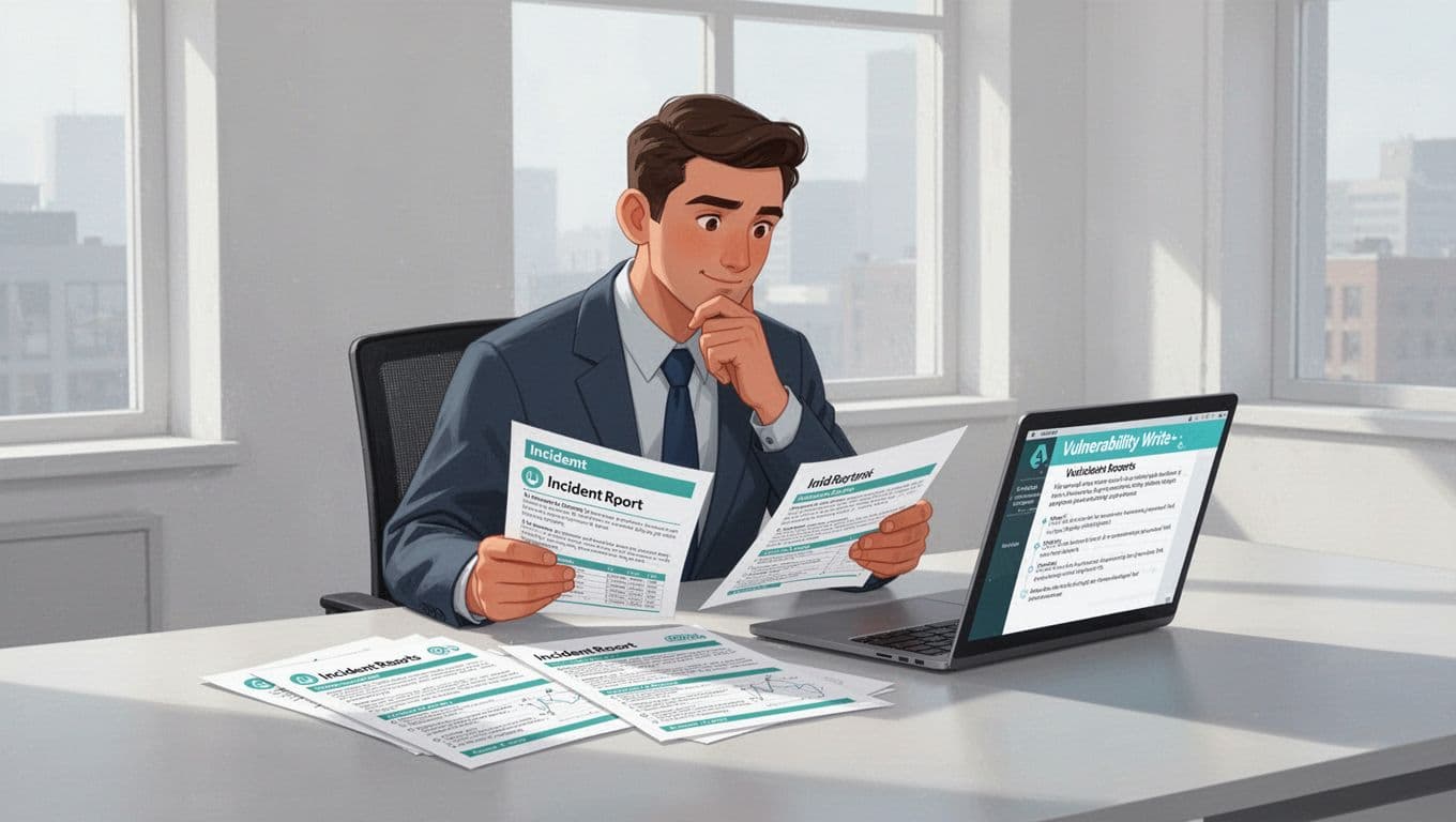 A security hiring manager at a desk in a bright office reviews printed incident reports and vulnerability write-up samples on a laptop screen, with a focused expression and hand on chin, in a modern illustration style.