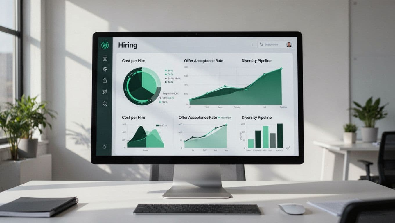 Modern illustration of a dashboard on a computer monitor displaying security hiring metrics like cost per hire, offer acceptance rate, and diversity pipeline, with clean shapes, soft lighting, and #22C55E accents.