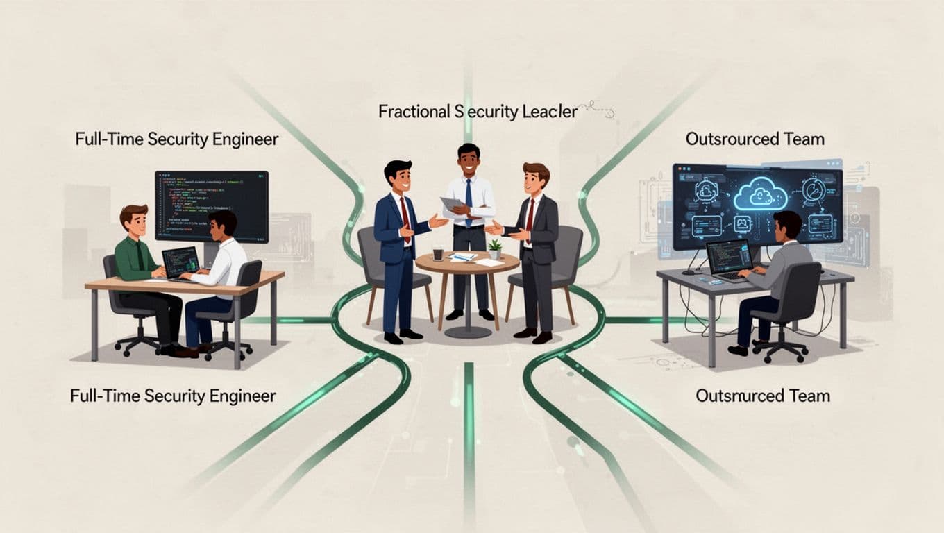 Modern illustration of a central decision hub branching into three paths for security hiring: full-time security engineer reviewing code, fractional leader in executive meeting, and outsourced team on cloud servers.