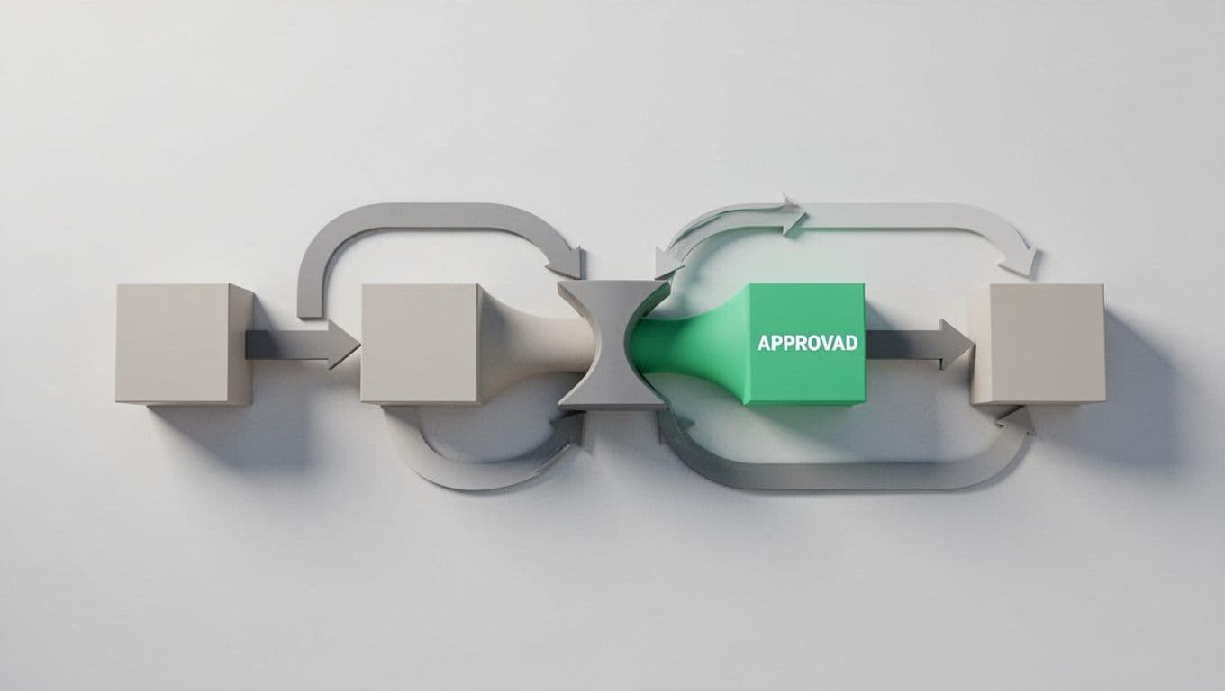 Hiring pipeline flowchart illustrating a visible bottleneck at the approval stage, with arrows flowing from requisition to offer but jammed at approvals, in a modern style with clean shapes and a controlled color palette featuring #22C55E accents.