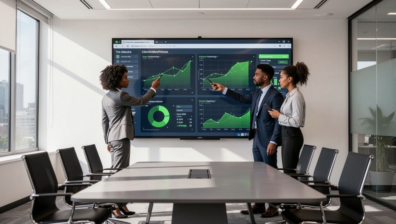 Three diverse security professionals in a modern conference room discuss a live incident response scenario on a shared screen, pointing at charts with green highlights in a collaborative, illustrated style.