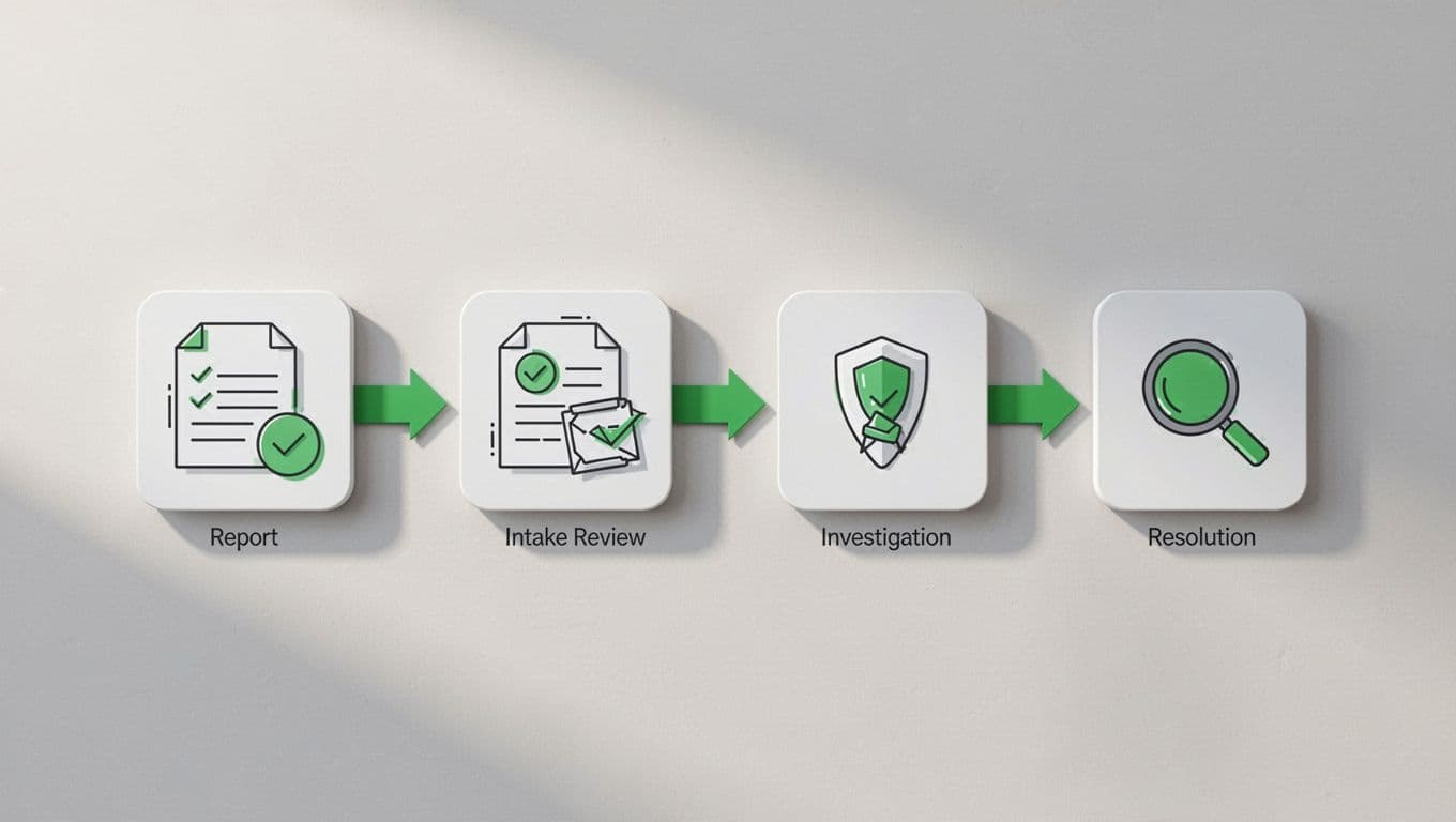 Simple flowchart illustration depicting the security hotline workflow stages: report submission, intake review, investigation, resolution, and follow-up, connected by arrows in a modern flat design.