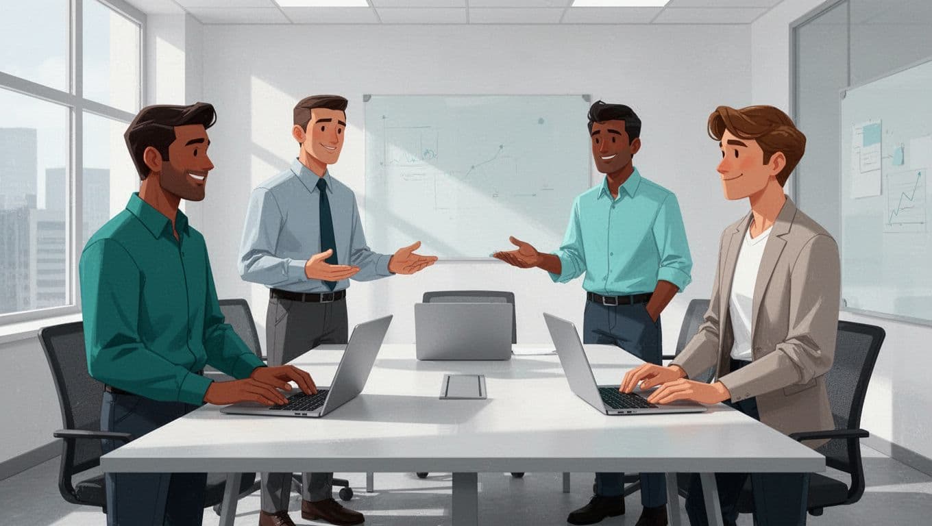A group of four professionals in a modern conference room simulates a security incident response exercise, with one acting as the security engineer and others as stakeholders, engaged in relaxed collaborative discussion around a table with simple laptops.