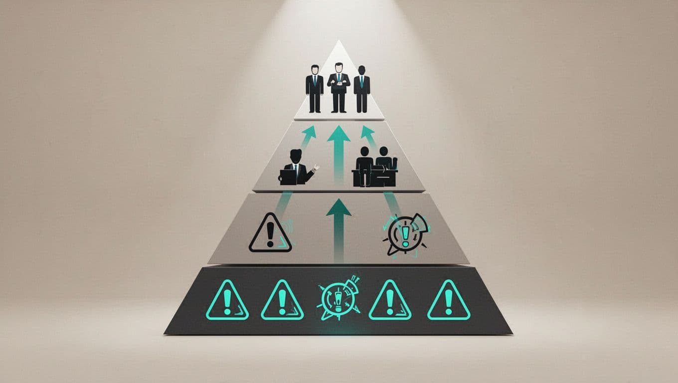 Modern illustration of a four-level severity pyramid for security incidents, widest base for low severity alerts narrowing to critical top with executive icons and upward escalation arrows.