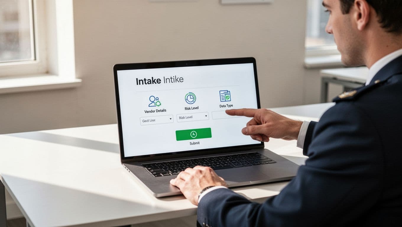 Security professional points at laptop screen showing icon-based intake form fields for vendor details, risk, and data in bright office.