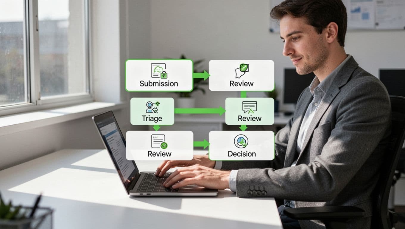 Office analyst reviews laptop form beside centered flowchart of four connected workflow boxes for submission, triage, review, and decision.
