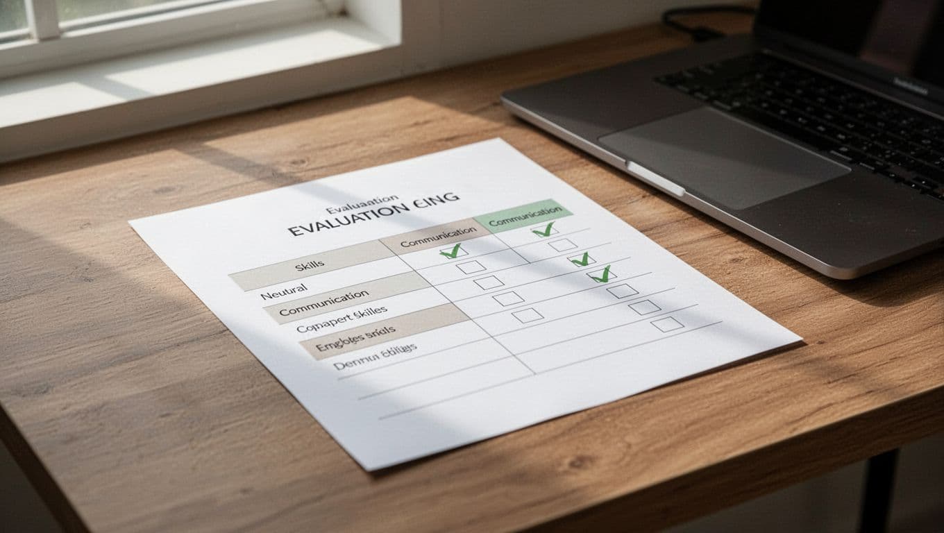 Modern illustration of a printed scorecard for security interview evaluation on a desk next to a laptop, featuring categories like technical skills and communication, with clean shapes, neutral tones, and green accents on checkmarks.