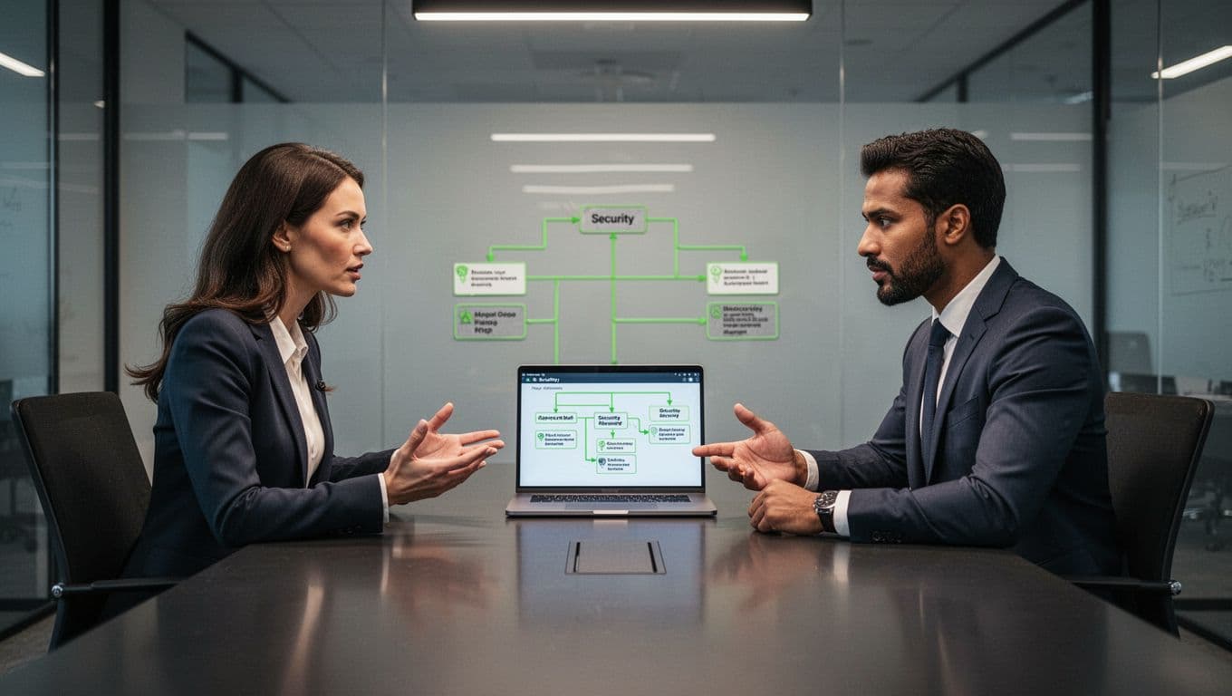 In a modern office meeting room, an interviewer and candidate discuss a security flowchart on a laptop, highlighting transferable skills with focused expressions and professional attire.