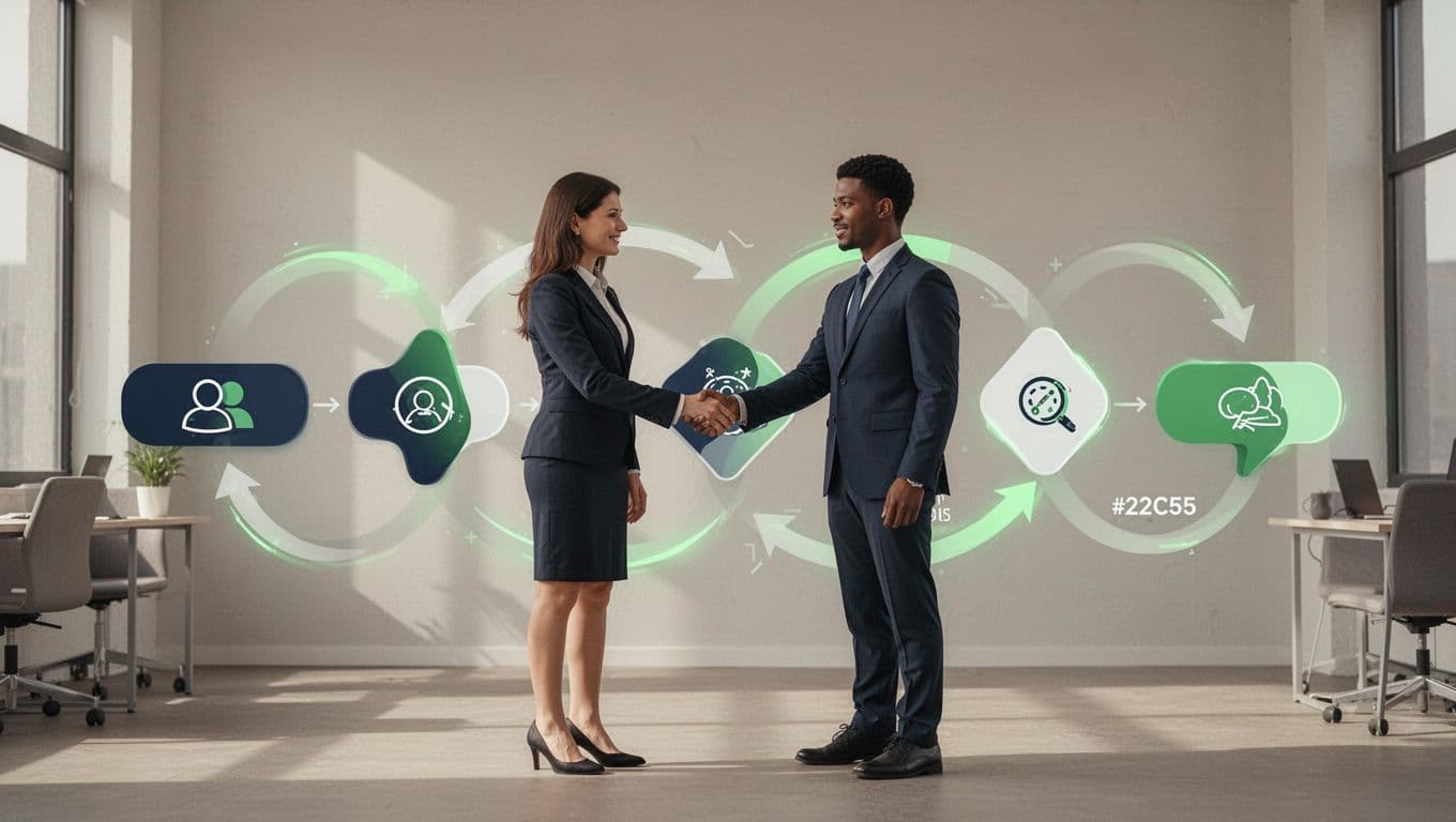 Modern illustration in clean shapes showing a flowchart of security interview loop stages: recruiter screen, technical deep dive, system design, behavioral leadership, peer panel. Arrows connect stages on a neutral office background, ending with two people shaking hands.
