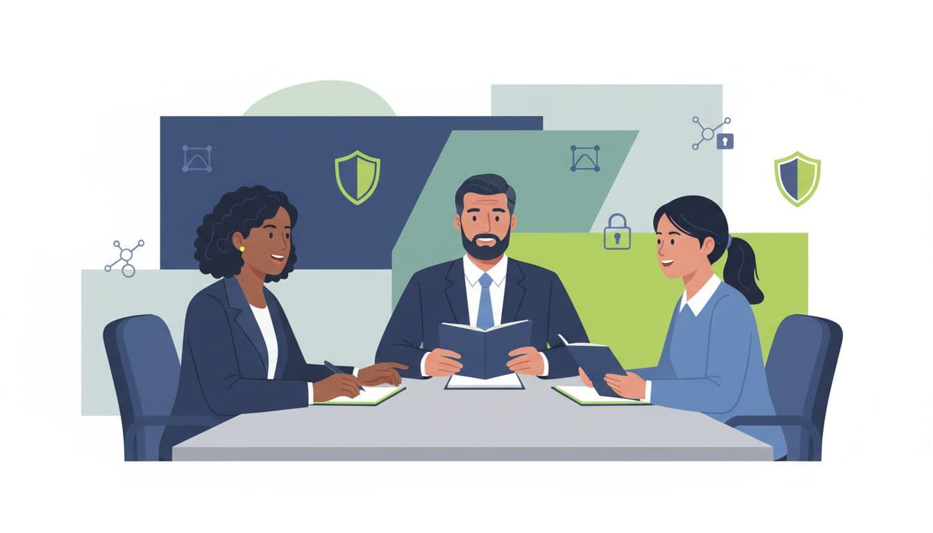 Two diverse security professionals interview a candidate across a table with notebooks; subtle lock icons in background.