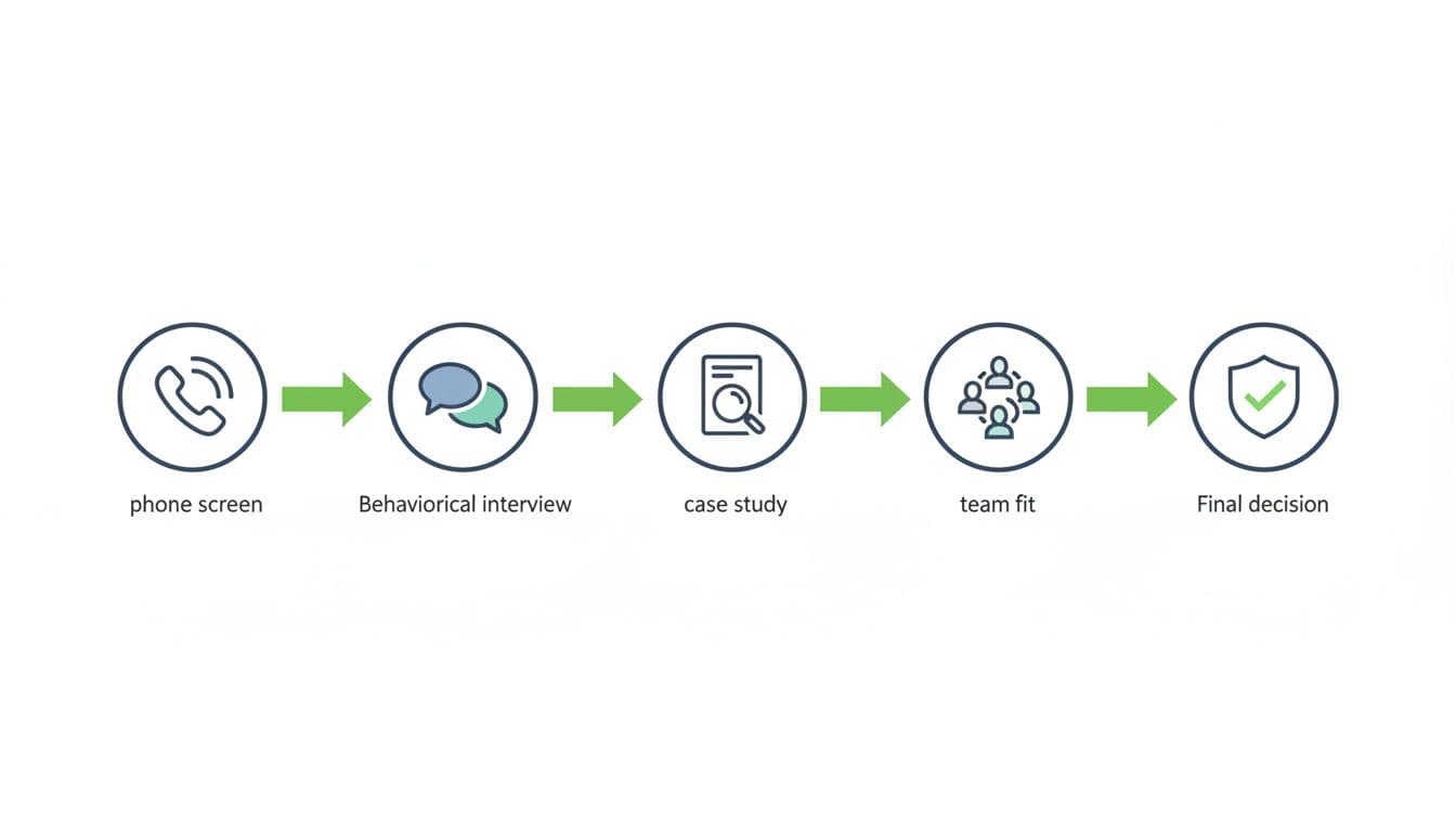Horizontal flowchart with five icons for interview stages connected by green arrows on white background.