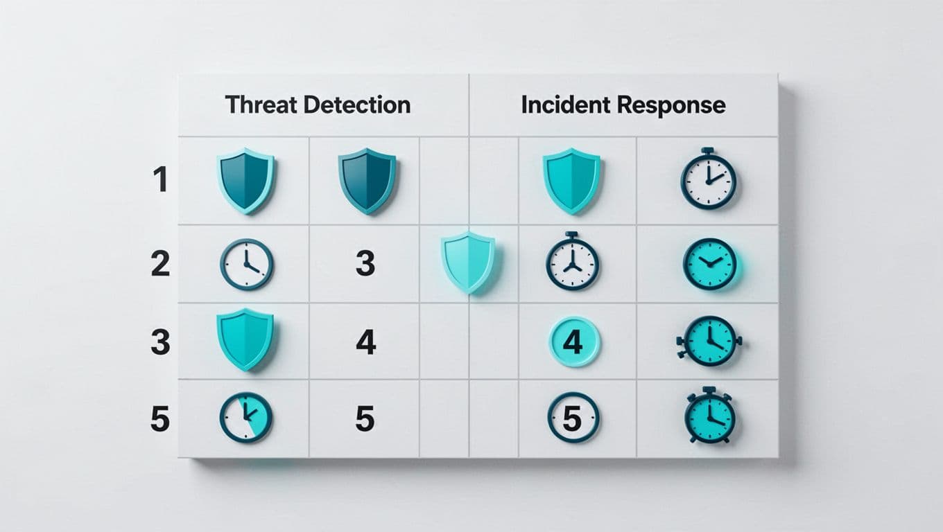 Simple illustrated scoring rubric chart for security interviews with columns for competencies like threat detection and incident response, rows for score levels 1-5, clean grid layout with icons such as shields and clocks, in a modern style with green highlights.