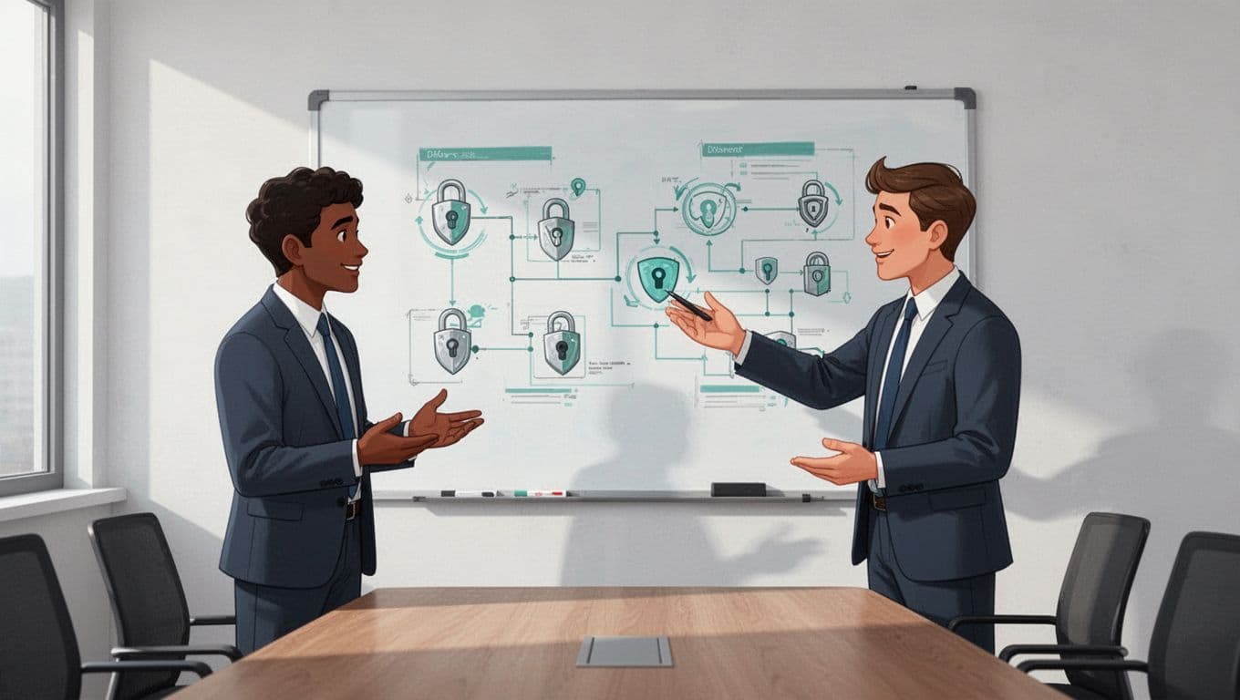 Two professionals in a conference room during a job interview, one asking questions while the other responds using security diagrams on a whiteboard behind them. Modern illustration in side view with soft office lighting, clean shapes, and green accents on diagrams.