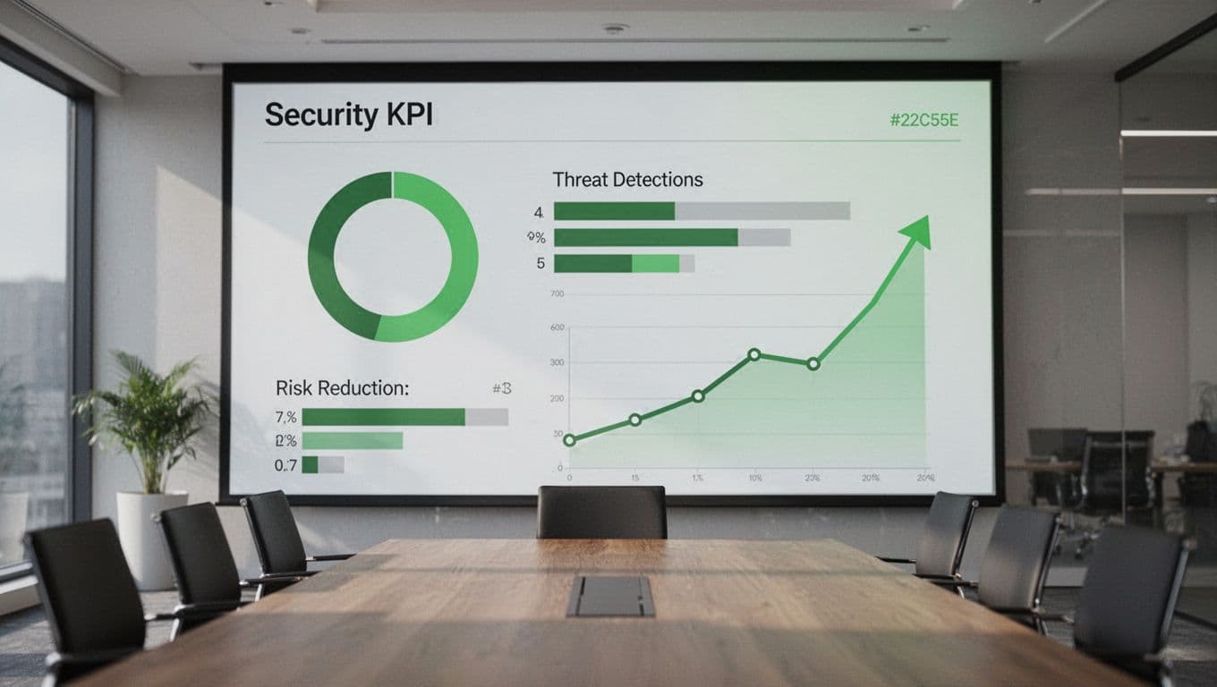 Conference room screen shows minimalist dashboard with green circular progress, horizontal bars, and upward line chart on blurred office background.