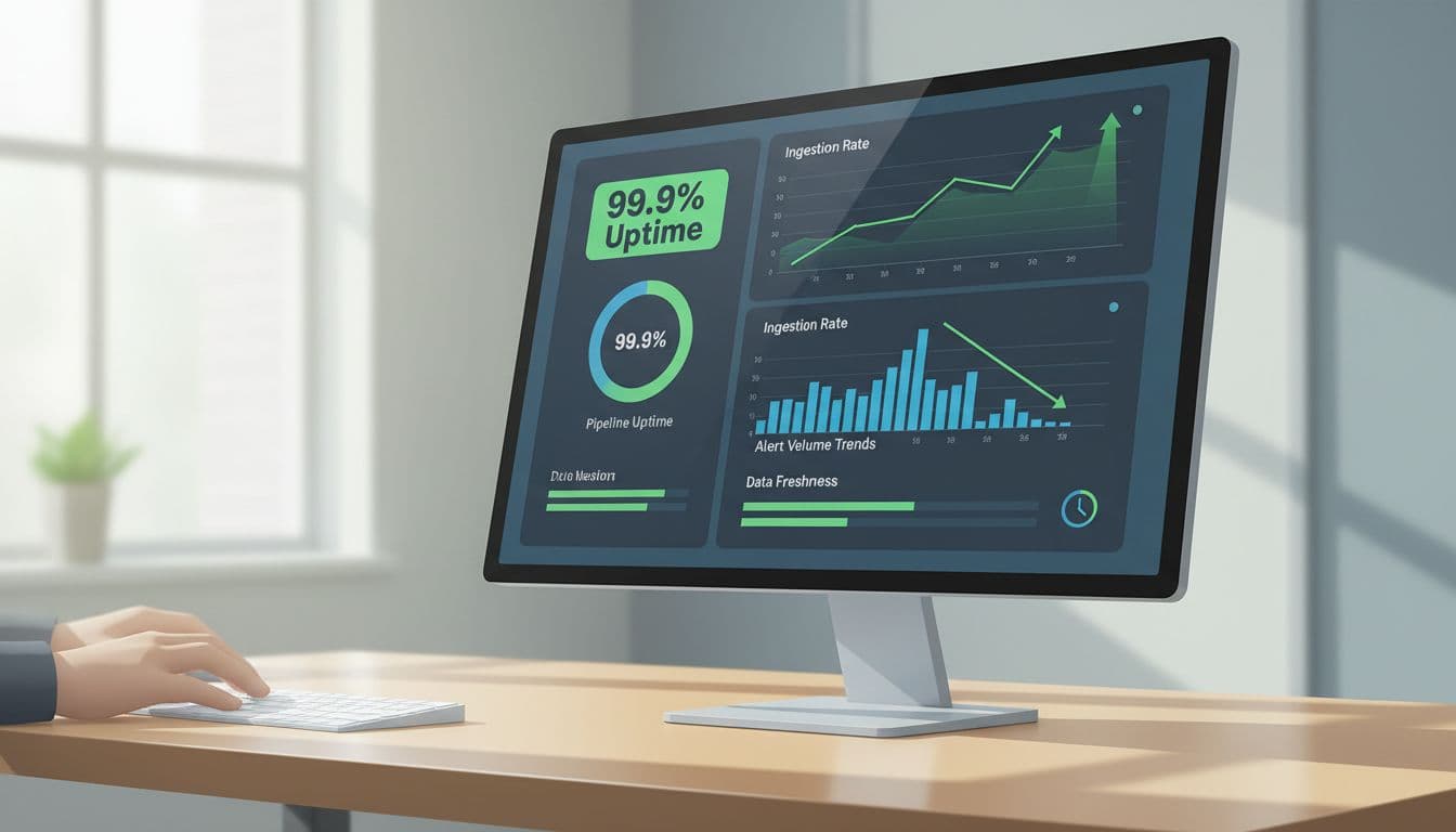 Large monitor on office desk shows security dashboard with 99.9% uptime, graphs, trends, and green highlights.