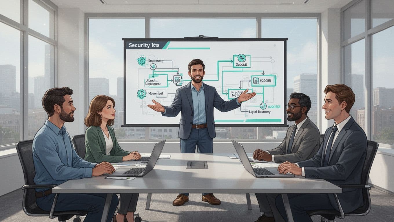 Security lead gestures to flowchart on shared screen during meeting with two engineers, product manager, and legal rep at conference table.