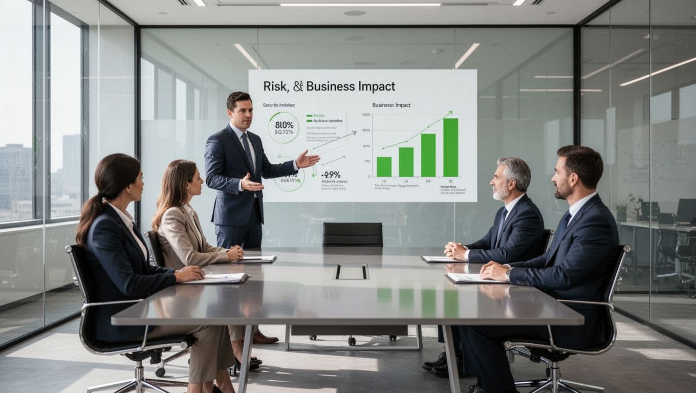 Modern illustration of a security professional presenting charts on risks tied to business impact in a boardroom to a diverse group of four executives—two women and two men—seated around a table, featuring clean shapes, controlled colors, strong composition, and bright natural lighting with #22C55E accents on charts.