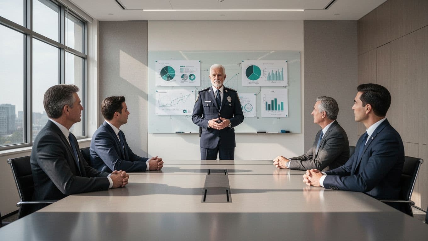 Modern illustration of a senior security leader presenting charts to three executives in a boardroom during a security crisis, featuring clean shapes, green accents, controlled colors, natural lighting, and exactly four people with relaxed hands.