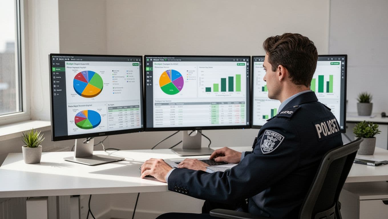 Security leader at desk reviews budget spreadsheet with charts showing risk levels and contingency funds.