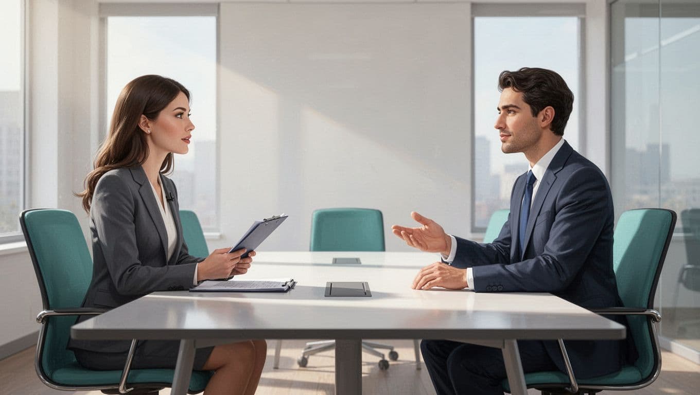 Modern illustration of two professionals in a bright conference room: interviewer on left with notepad, candidate on right in suit gesturing calmly with relaxed postures.