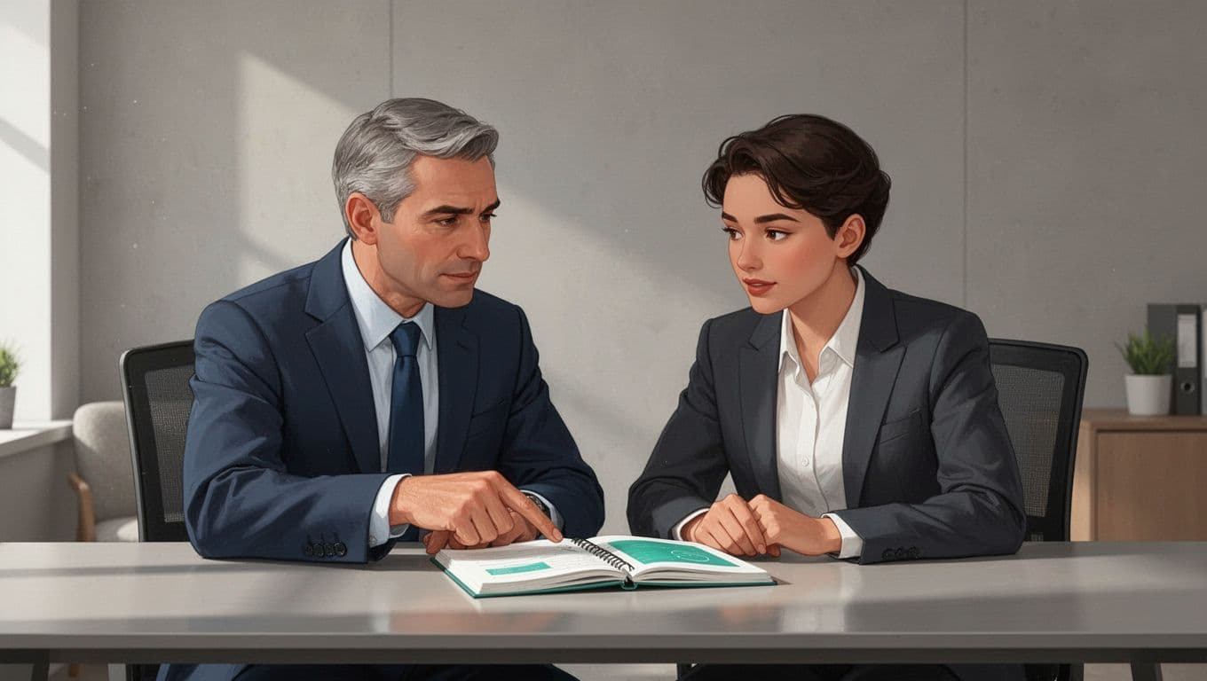 Security leader provides one-on-one mentoring to a junior team member in a modern office, attentively sharing knowledge from a notebook. Clean illustration style with simple background, soft lighting, controlled palette, and green accents on notes.