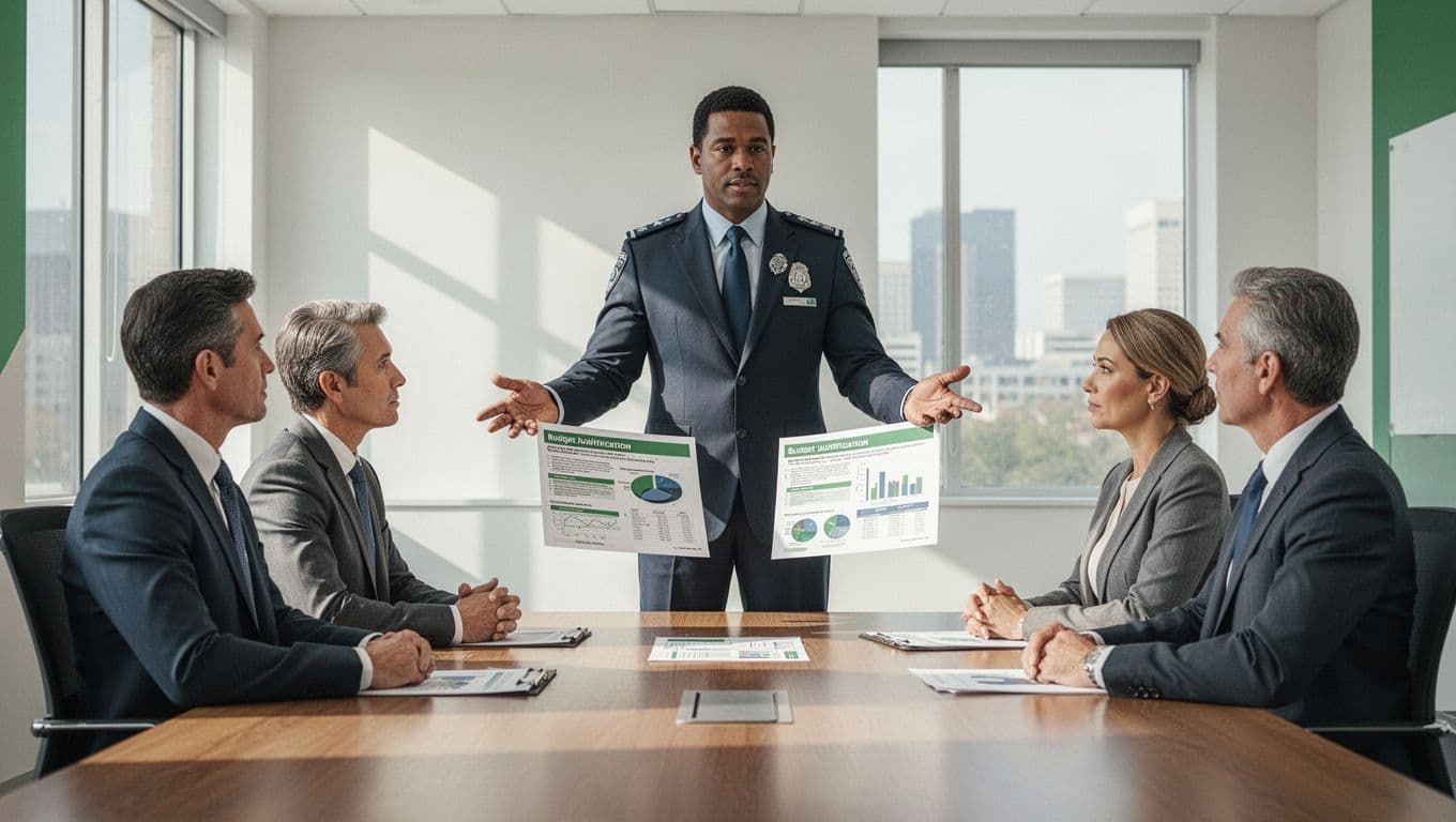 Confident security leader presents printed pages with charts to three seated executives at conference table.