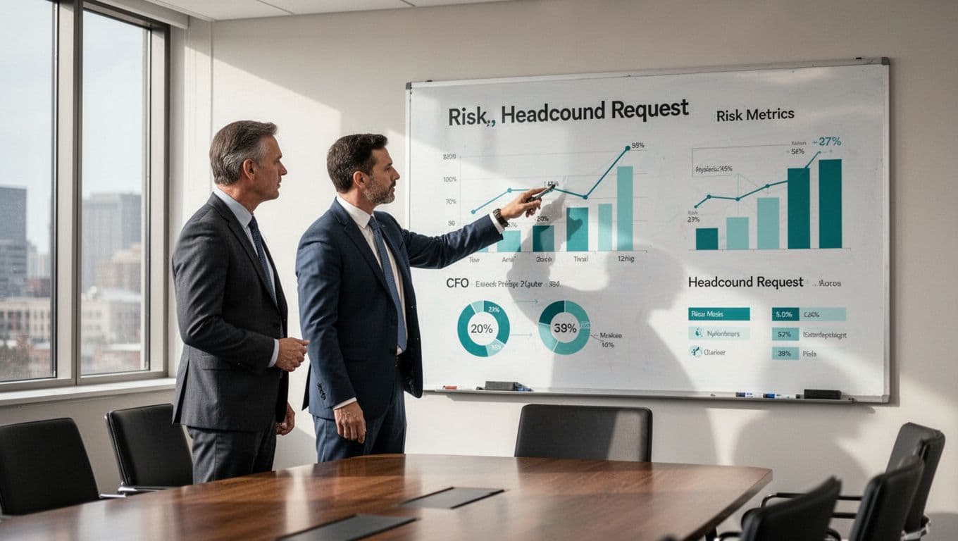 Security leader at whiteboard shows risk metrics and headcount charts to CFO in boardroom.