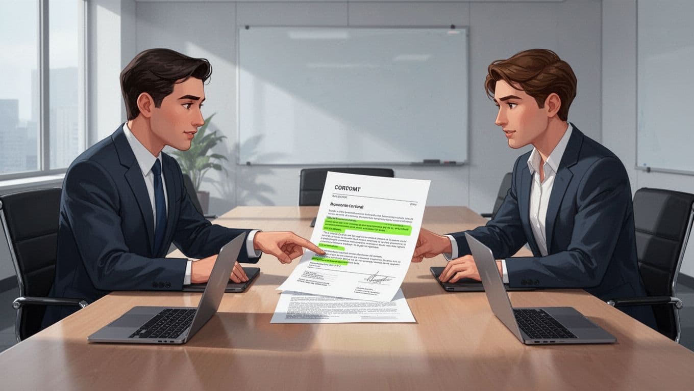 Security leader in a conference room discusses vendor contract with business stakeholder, pointing to security clauses on printed contract, two people at table with laptops in modern illustration style. Clean shapes, controlled colors with green accents on highlights, side view composition, professional lighting.