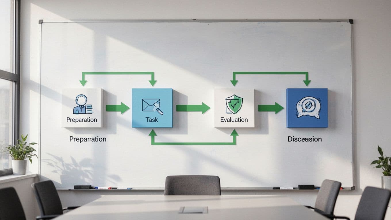 Modern whiteboard illustration of a simple flowchart for the security live-work interview process, featuring steps like prepare, task, evaluate, and discuss with clean shapes and green-highlighted arrows.