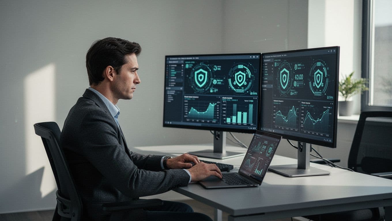Modern illustration of a product security manager reviewing a compliance dashboard with IAM API security metrics and customer trust indicators in a quiet office setting with soft lighting and green accents on secure icons.