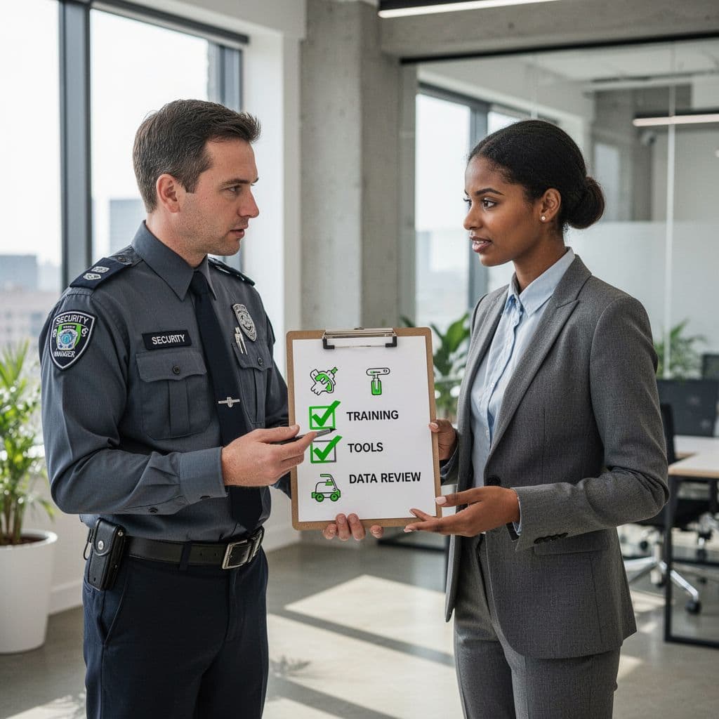 Manager and new hire discuss clipboard checklist with green checkmarks next to training, tools, and metrics icons in office.