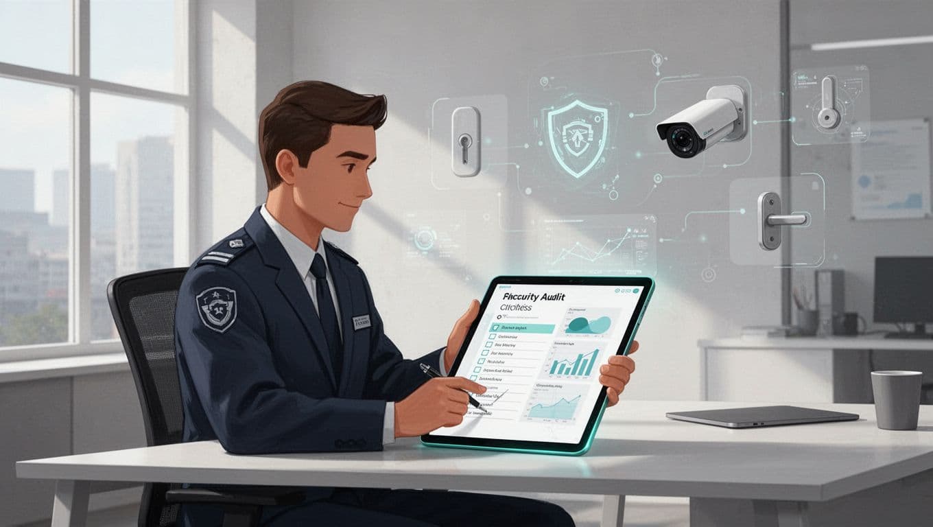 Modern illustration of a security manager at a desk in a hybrid office reviewing a physical security audit checklist on a tablet, with badge analytics dashboard faintly visible and security icons in the background.