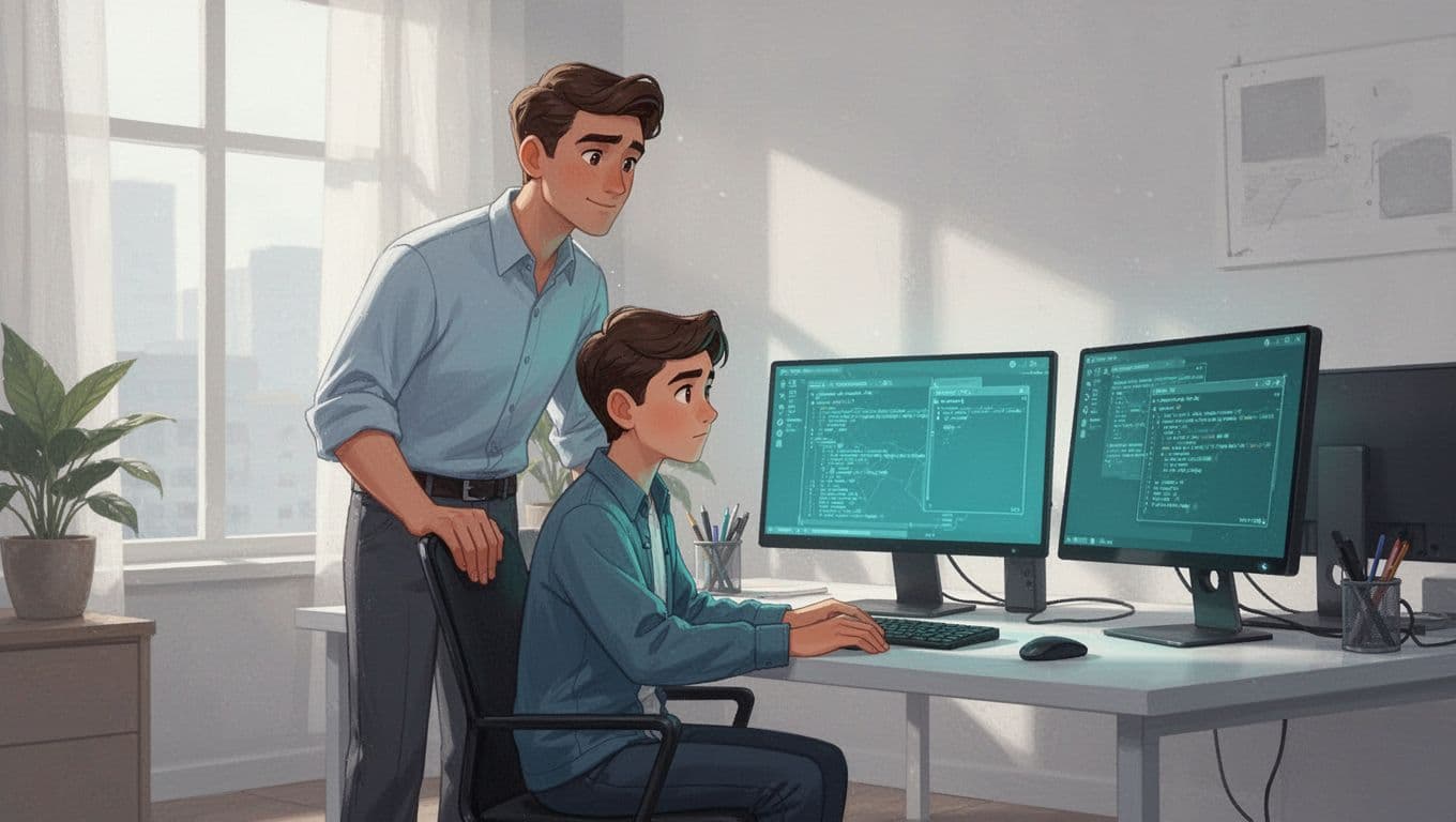Modern illustration of a security mentor standing behind an apprentice at a desk with dual monitors showing abstract network diagrams in a bright office. The mentor's hand rests relaxed on the chair back as the apprentice focuses intently on the screen, featuring clean shapes, green glow on screens, and natural lighting.