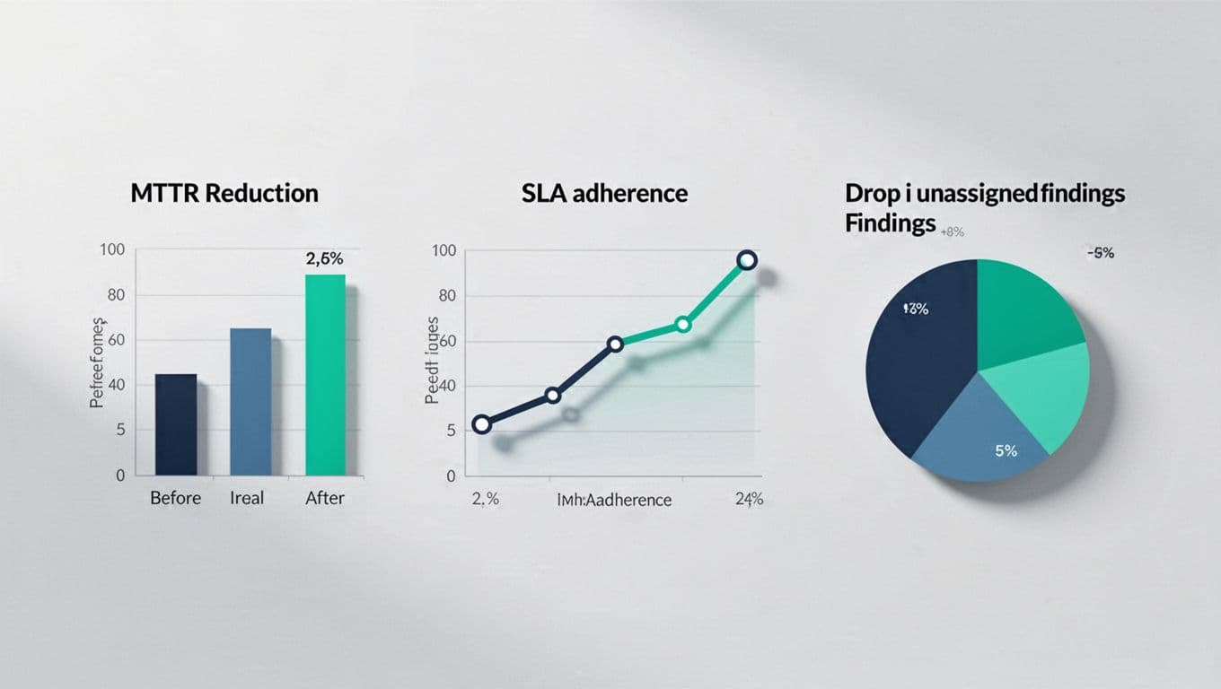 Dashboard shows bar chart of MTTR reduction, SLA adherence line graph, and unassigned findings pie chart.
