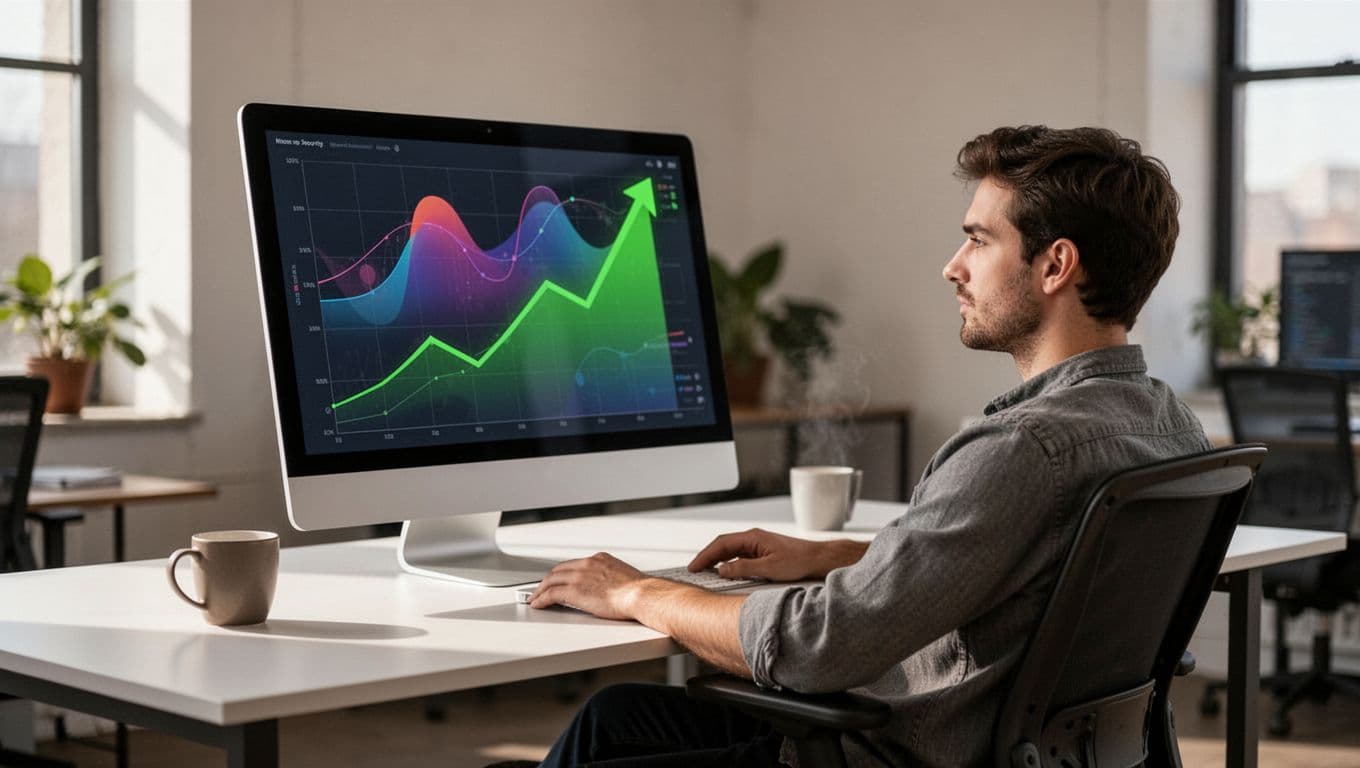 Developer at desk views angled computer screen showing dashboard with rising green graphs for fixed vulnerabilities and secure commits, coffee mug nearby.