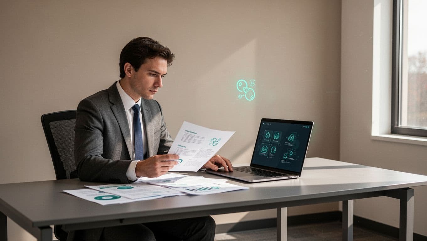 Security policy analyst at modern office desk reviews documents and laptop screen with policy icons.
