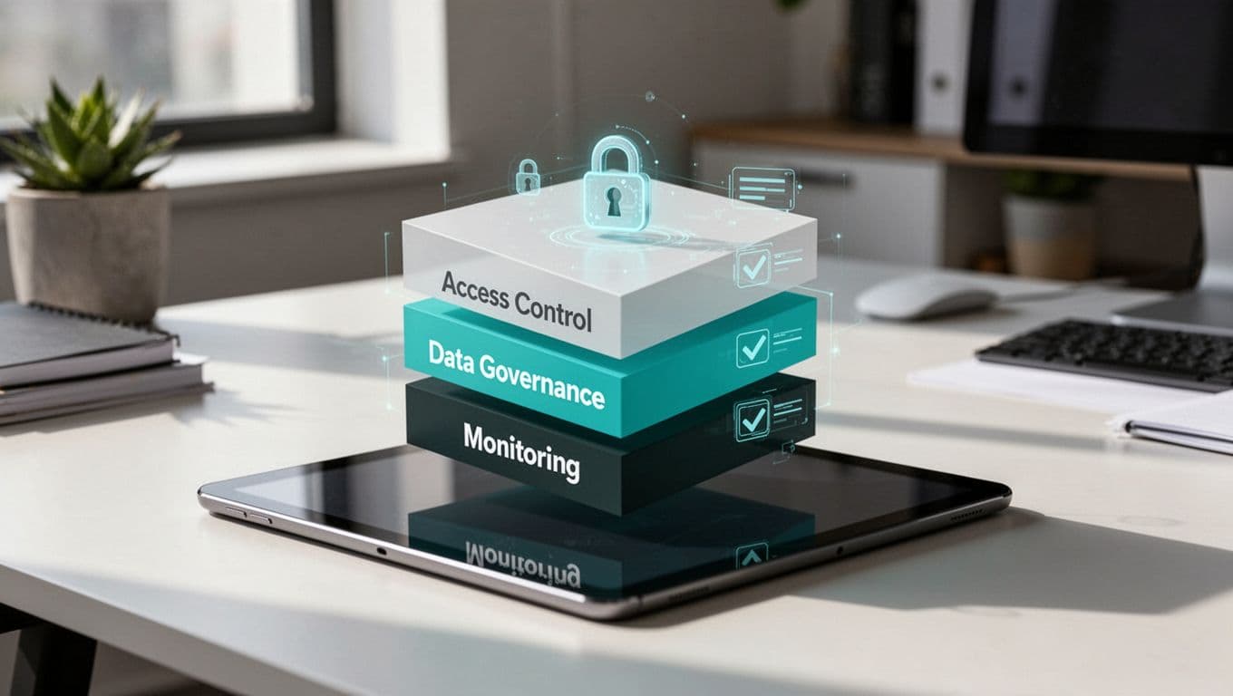 Layered security policy sections with checklists and locks on tablet screen in office.