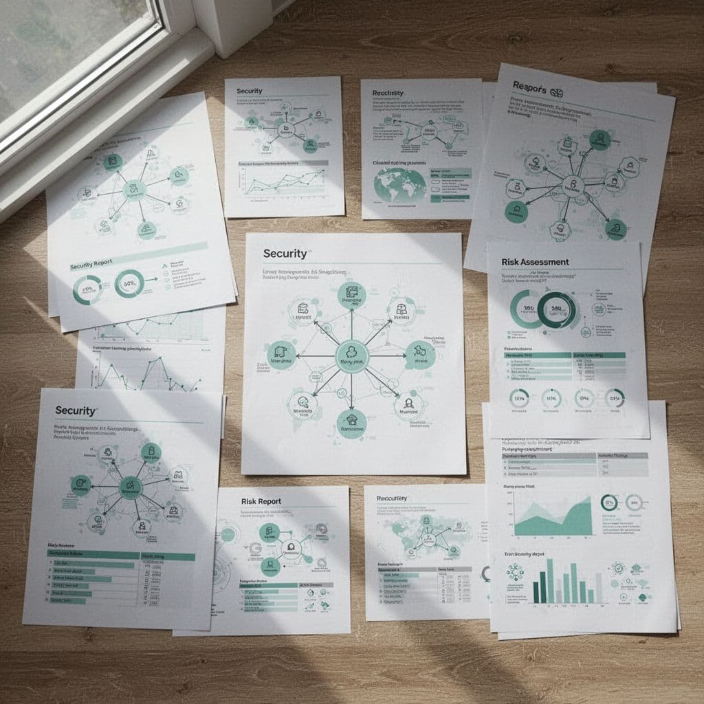 Top-down modern flat illustration of security reports, network maps, and risk assessments spread across a table, with subtle green accents on icons, clean and professional style.