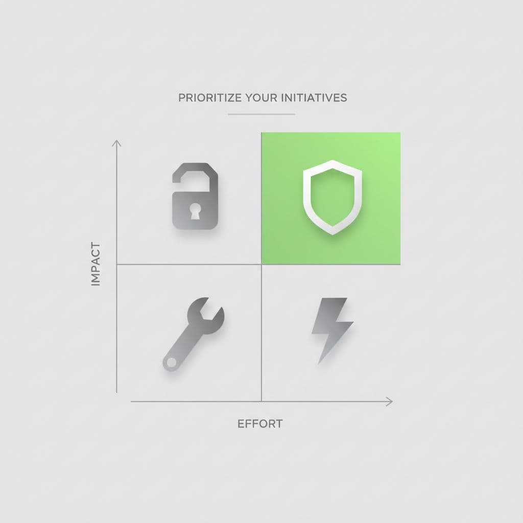 Four-quadrant grid divided by impact and effort axes, with icons like shield in high-impact low-effort area highlighted green.