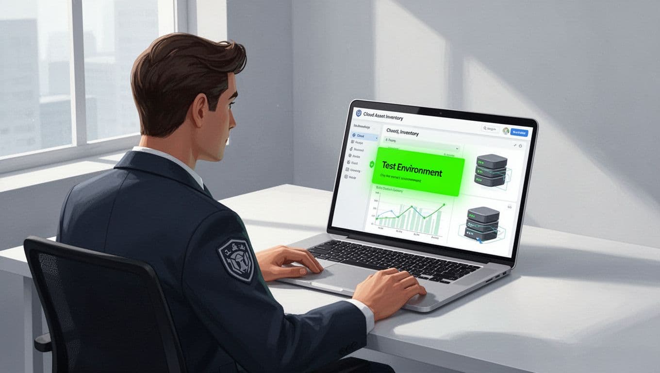 Modern illustration of a security professional at a desk with a laptop displaying a cloud asset inventory dashboard, highlighting one exposed test environment in green.
